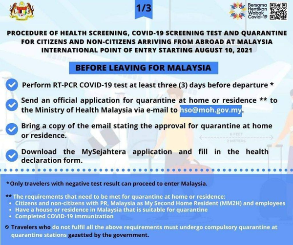 Health screening, COVID-19 screening test and quarantine procedures for citizens and non-citizens in Malaysia