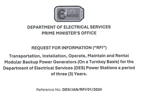 Invitation to Regional and International Companies Interested in Providing 'Modular Backup Power Generators' to the Department of Electrical Services, Brunei Darussalam